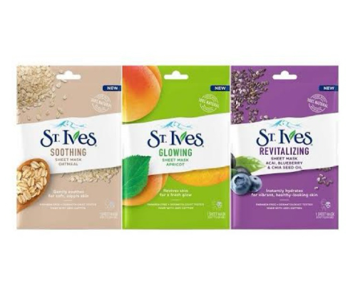 St. Ives Face Sheet Mask Assorted Set – Paraben-Free Facial Masks for Hydration,smoothing & Glowing (3 Pack)